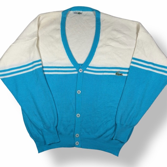 Lacoste Other - LACOSTE Vintage 70’s 80’s Teal Blue White V-Neck Button Cardigan Sweater L XL